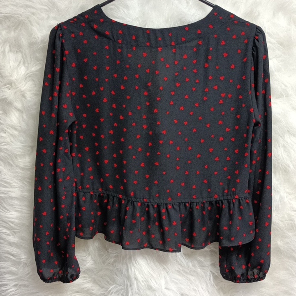 Red Hearts Sheer Black Red Cropped Balloon Sleeve Valentine's Day … - Picture 5 of 5